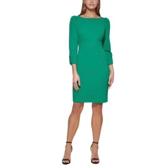 Dkny | Dresses | Dkny Womens Ruched Zippered 34 Sleeve Boat Neck Sheath  Dress In Emerald Green | Poshmark
